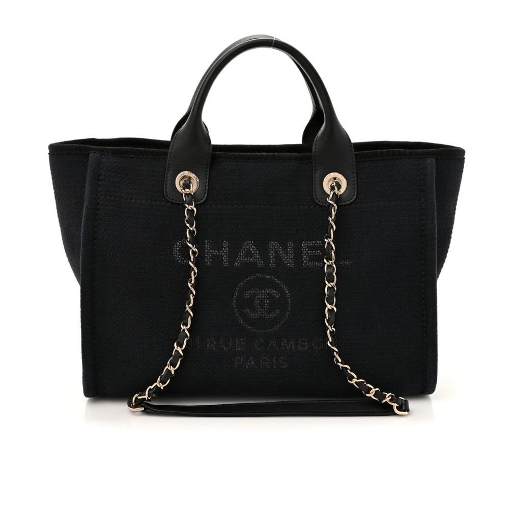 CHANEL Black Canvas Tote with Gold-Trim Chain Handles
